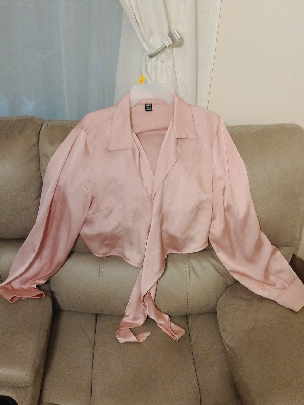 SHEIN Blush Satin Tie-Front Long Sleeve Blouse